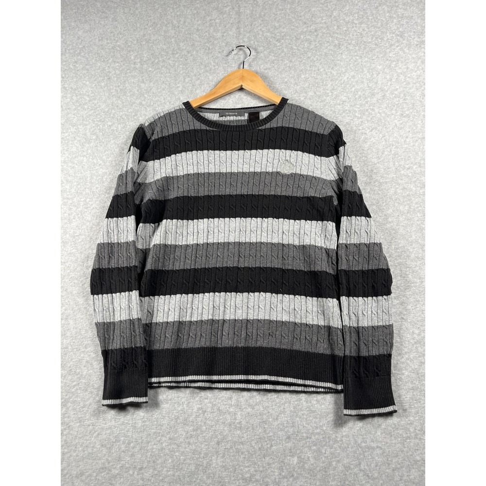 VTG Liz Claiborne Cable Knit Sweater Women L Grey Striped Dark Academia Preppy